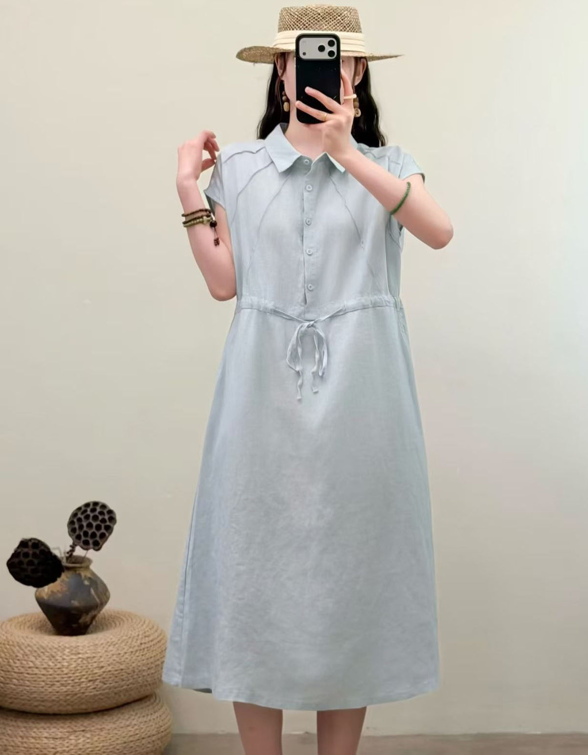 Elegant Cotton Linen Shirt Dress for Women – Lightweight Breathable Midi Dress for Summer Vacation & Daily Wea