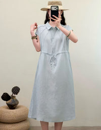 Elegant Cotton Linen Shirt Dress for Women – Lightweight Breathable Midi Dress for Summer Vacation & Daily Wea