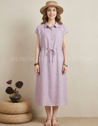 Women’s pink linen blend midi dress with loose fit and button front detail