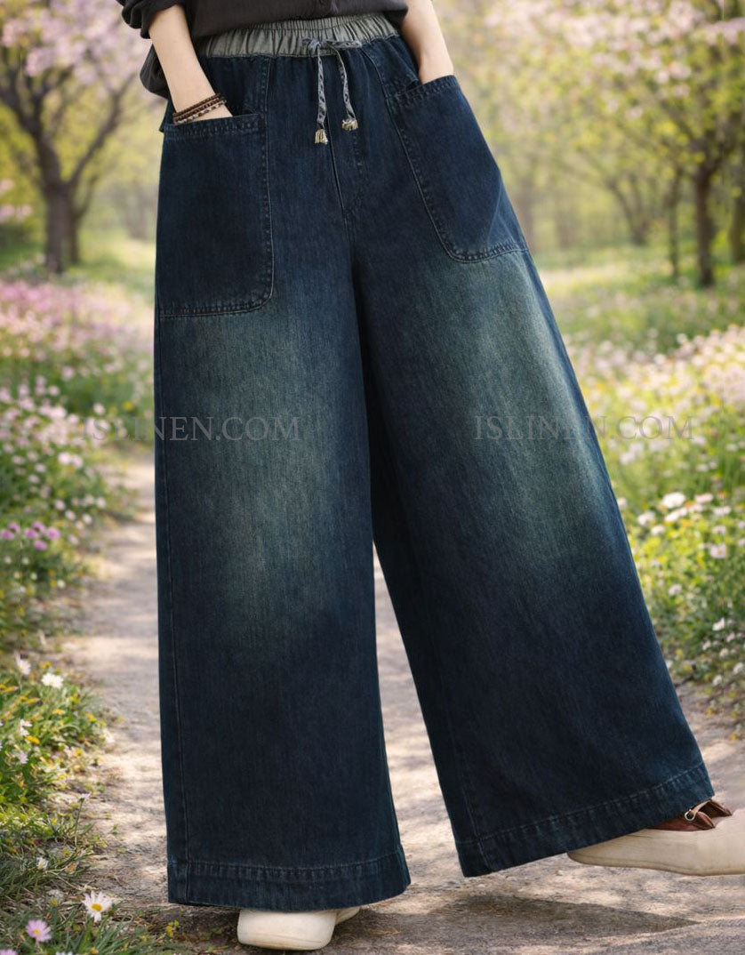 women wearing wide leg denim pants in casual outfit