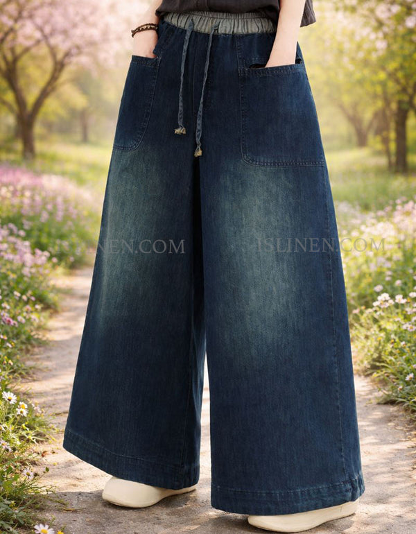 women wide leg denim pants casual drawstring waist front view