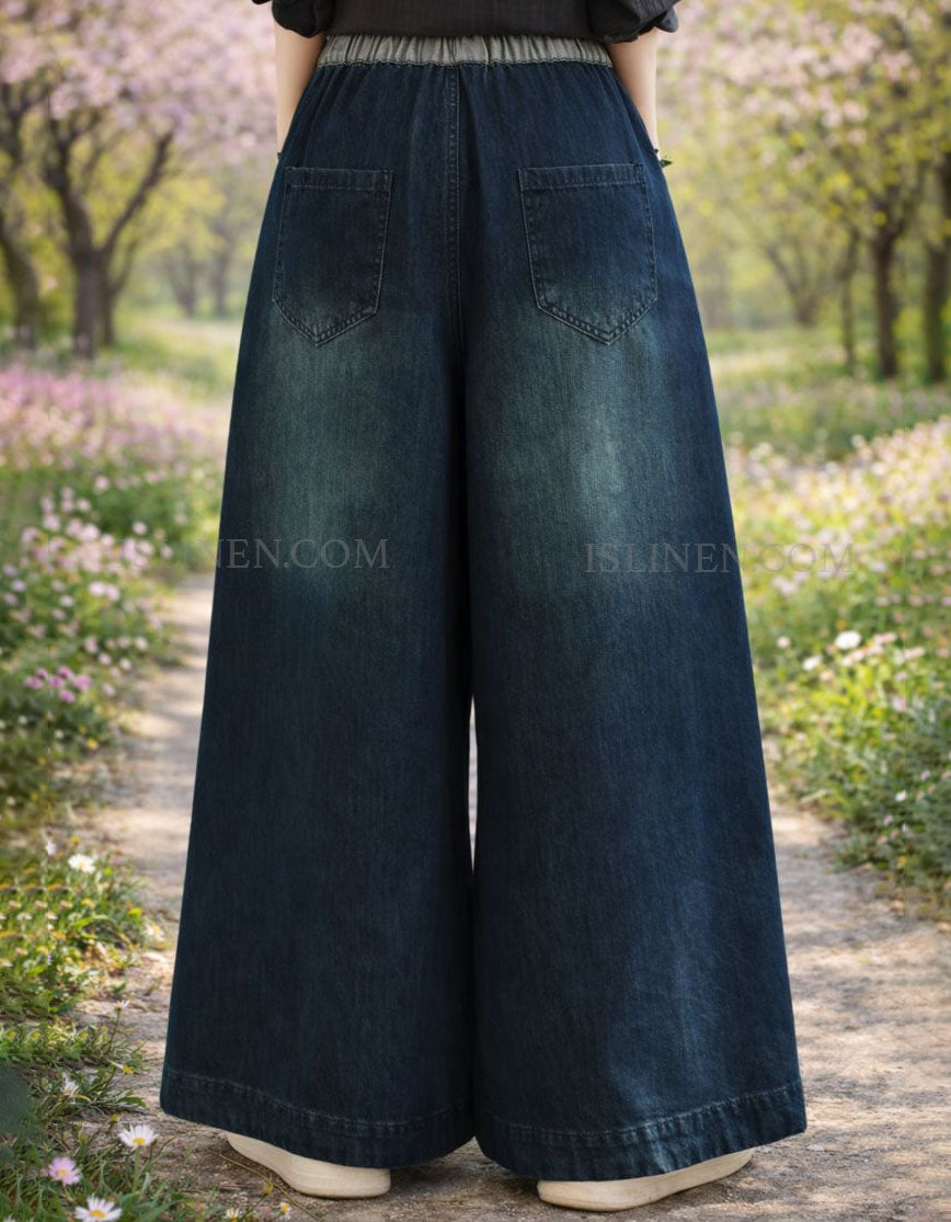 denim pants for women wide leg fit casual street style back view