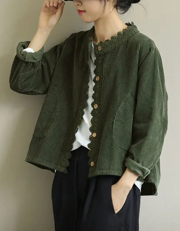 Comfortable Loose Casual Lace Trim Corduroy Jacket - Islinen
