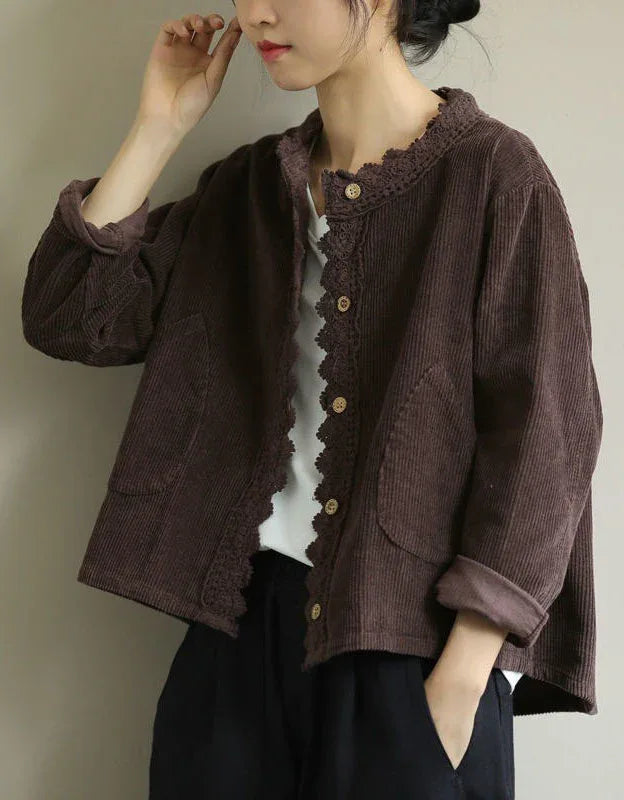Comfortable Loose Casual Lace Trim Corduroy Jacket - Islinen