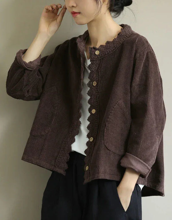 Comfortable Loose Casual Lace Trim Corduroy Jacket - Islinen