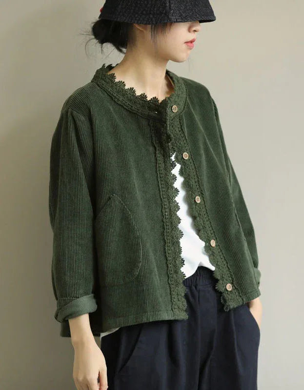 Comfortable Loose Casual Lace Trim Corduroy Jacket - Islinen