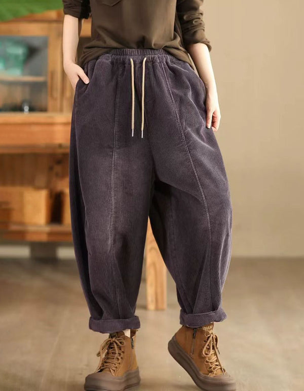 Women's Comfortable Loose Fit Drawstring Waist Corduroy Trousers