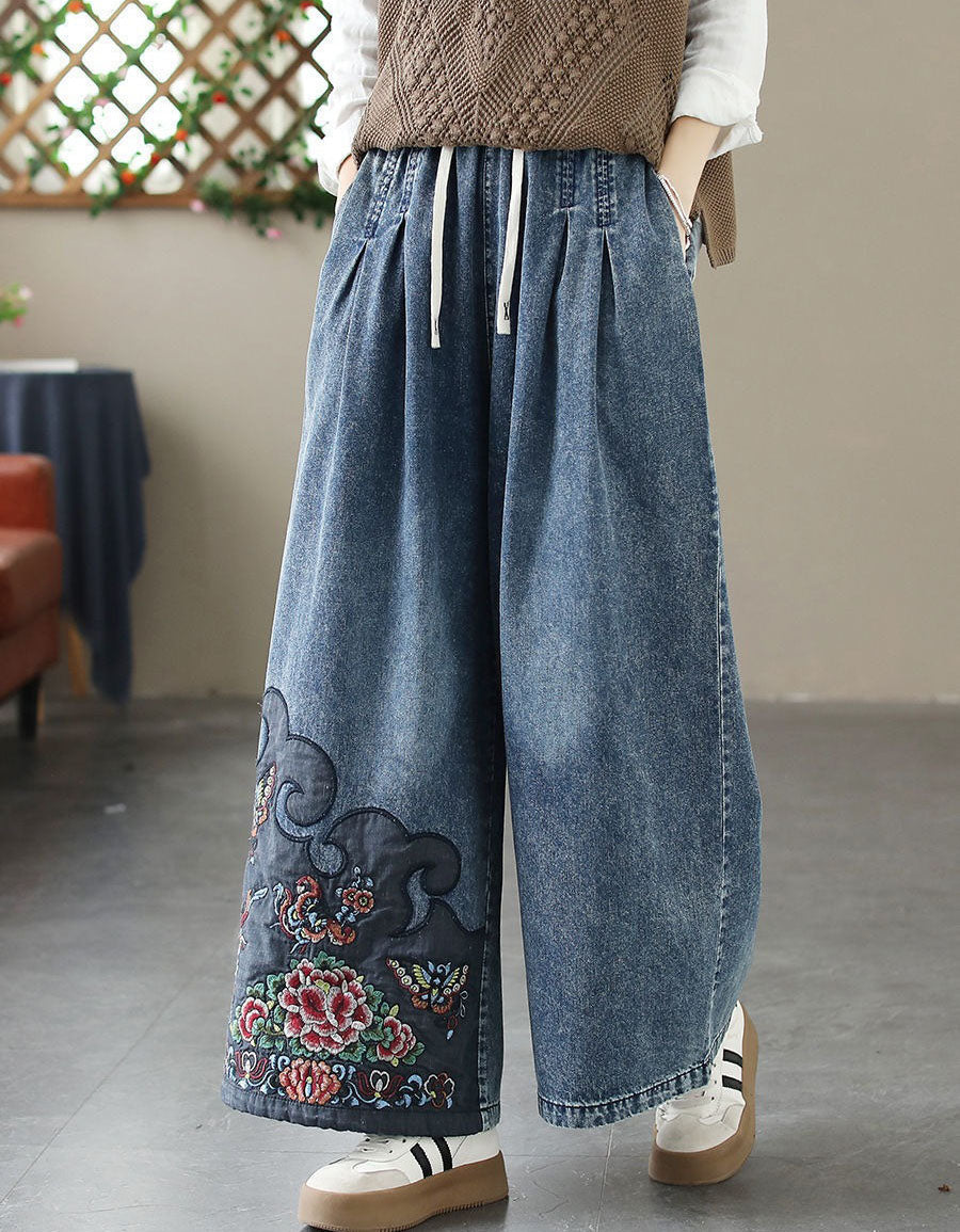 Comfortable Loose Fit Embroidery Denim Trousers