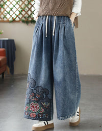 Comfortable Loose Fit Embroidery Denim Trousers