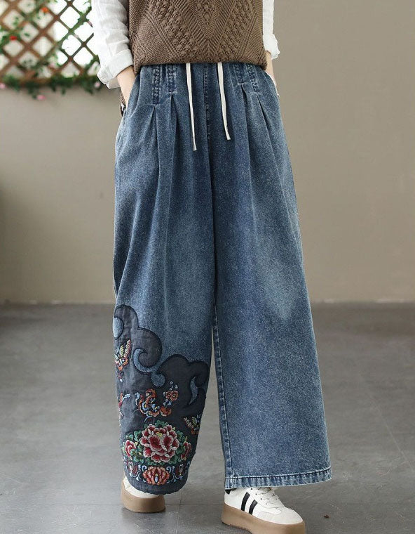 Comfortable Loose Fit Embroidery Denim Trousers