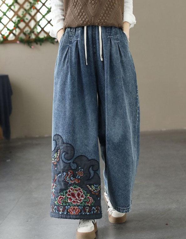 Comfortable Loose Fit Embroidery Denim Trousers
