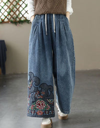 Comfortable Loose Fit Embroidery Denim Trousers