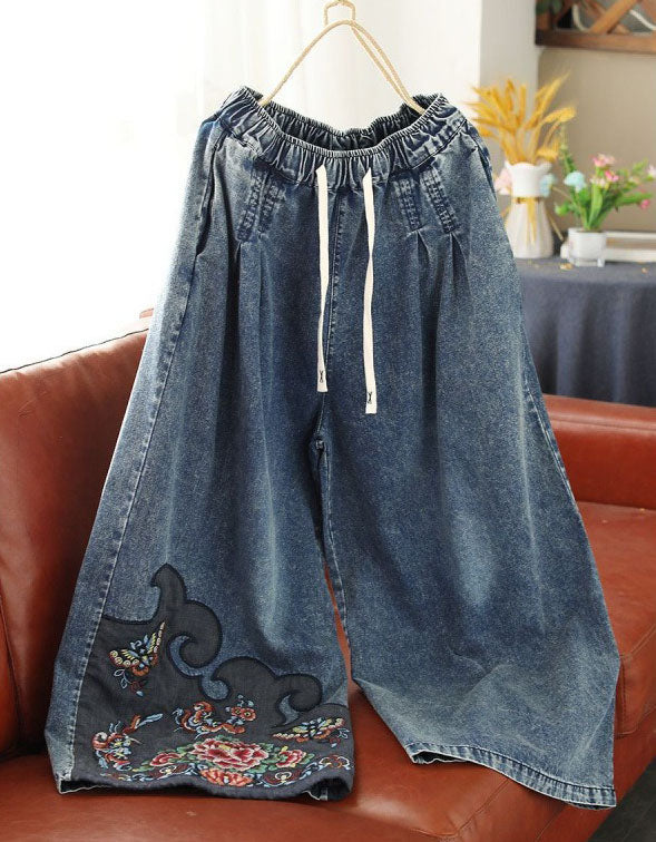 Comfortable Loose Fit Embroidery Denim Trousers