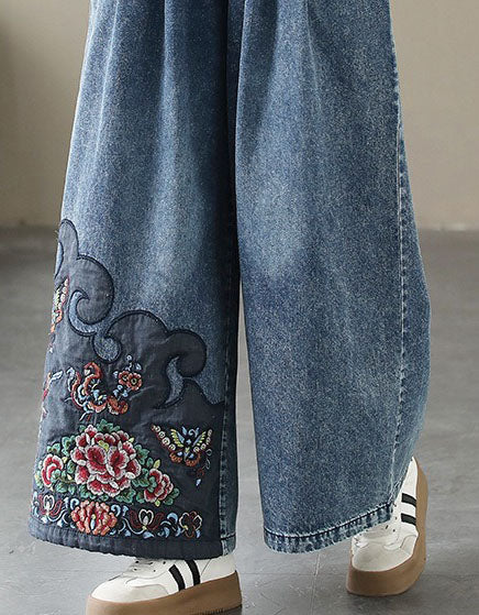 Comfortable Loose Fit Embroidery Denim Trousers
