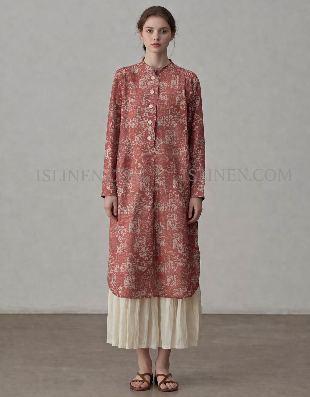 Vintage floral linen midi dress front view long sleeve