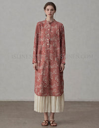 Vintage floral linen midi dress front view long sleeve