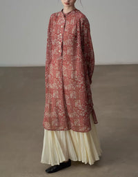 Women loose fit floral linen dress full length front