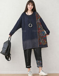 Denim Tunic Top – Oversized Floral Panel Sweater