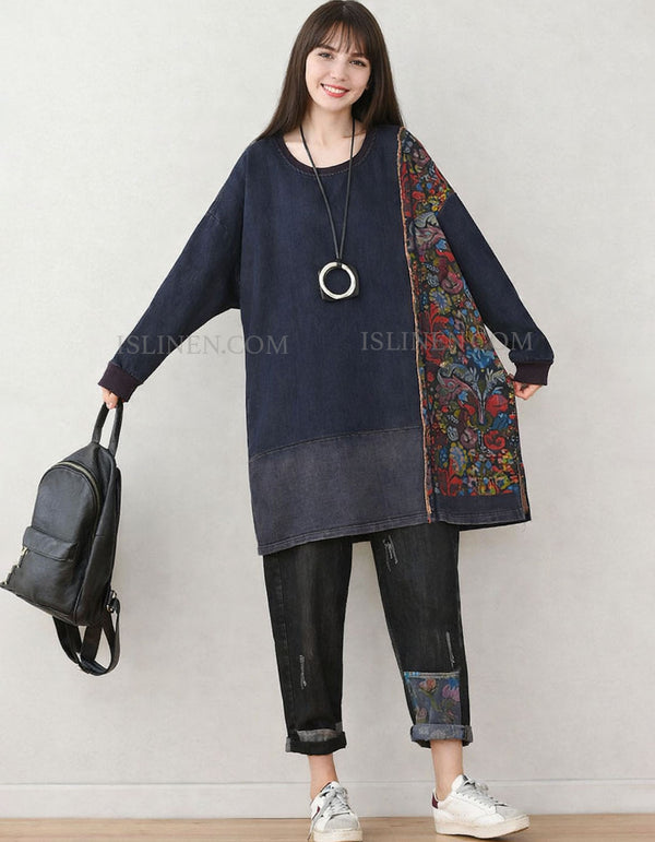 Denim Tunic Top – Oversized Floral Panel Sweater