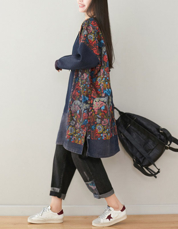 Boho Denim Tunic Top – Asymmetric Floral Panel