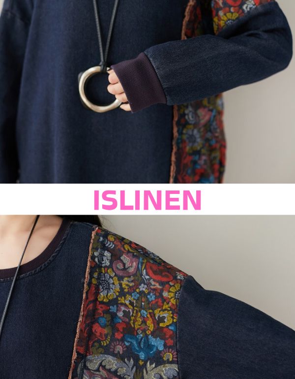 Close up of floral patterned panel on women’s oversized denim tunic