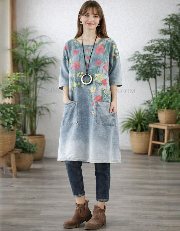 ront view of women’s floral denim dress with pockets