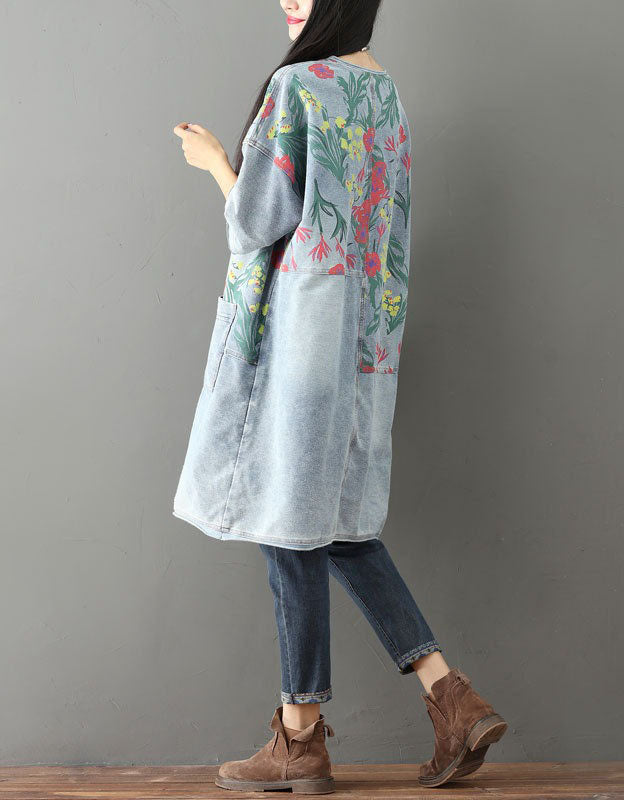 Casual floral denim dress for women with large pockets