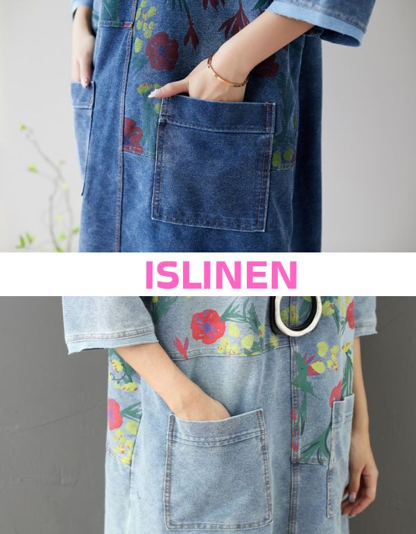 Close-up of floral print on denim dress for women