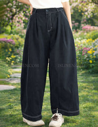 Women wearing high waist wide leg linen pants navy