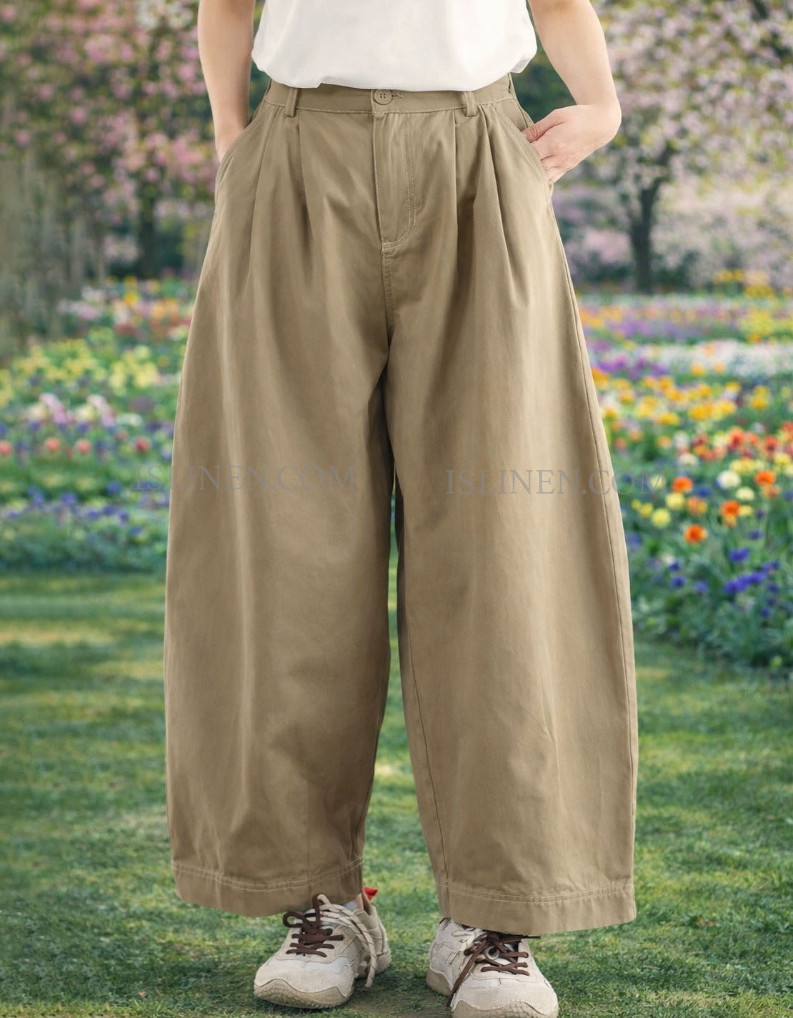 Casual wide leg linen pants for women front view khaki