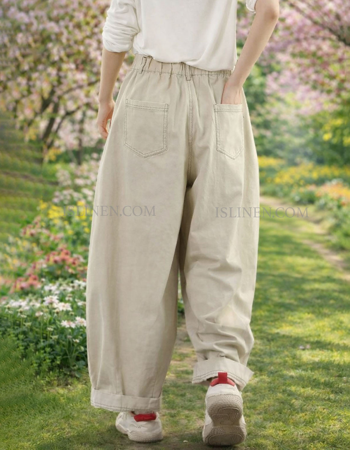 Casual wide leg linen pants for women back view beige