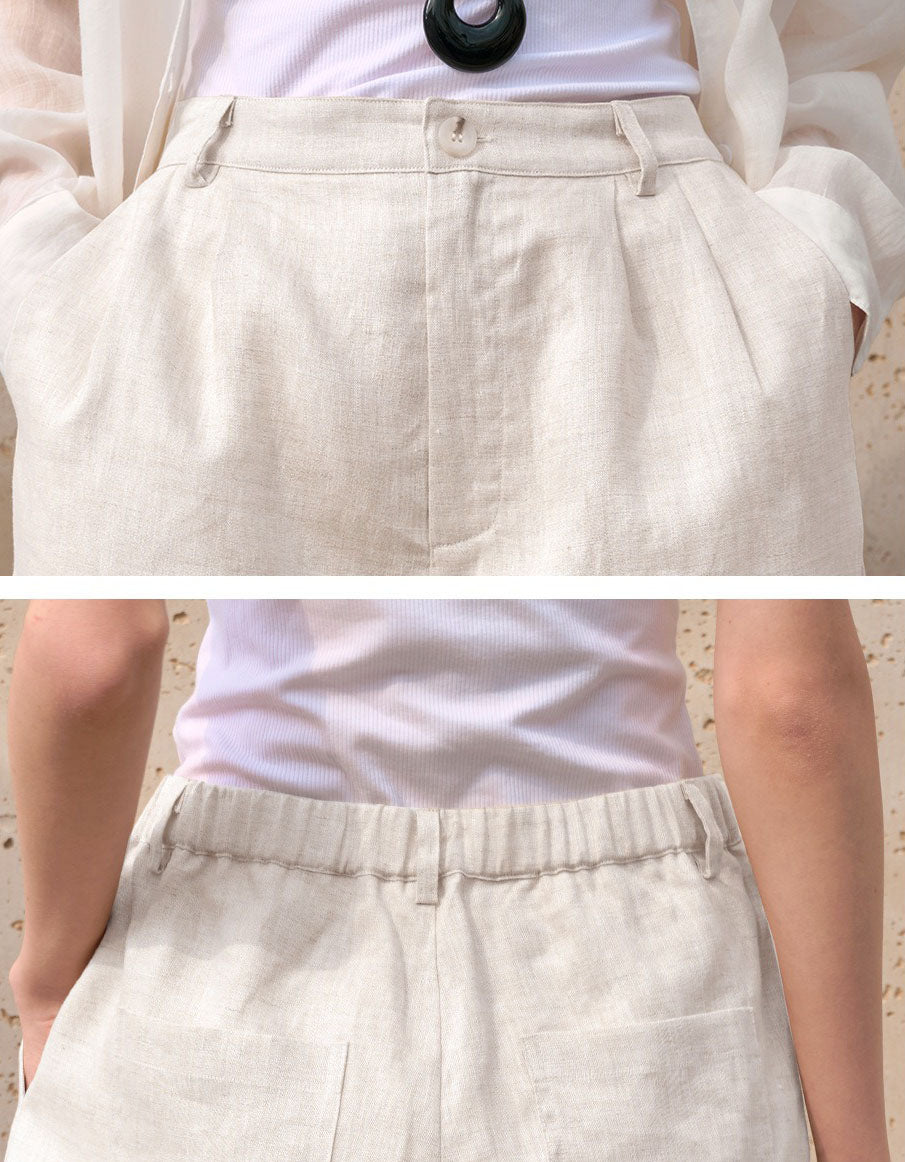 close up linen fabric shorts detail