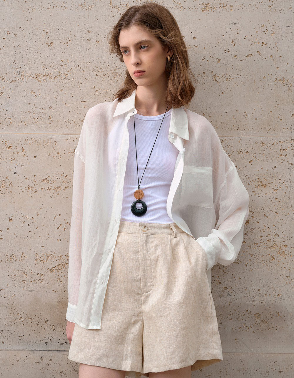 Casual Beige Linen Shorts Women Summer Wear