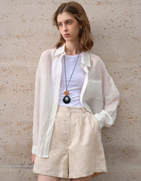 Casual Beige Linen Shorts Women Summer Wear