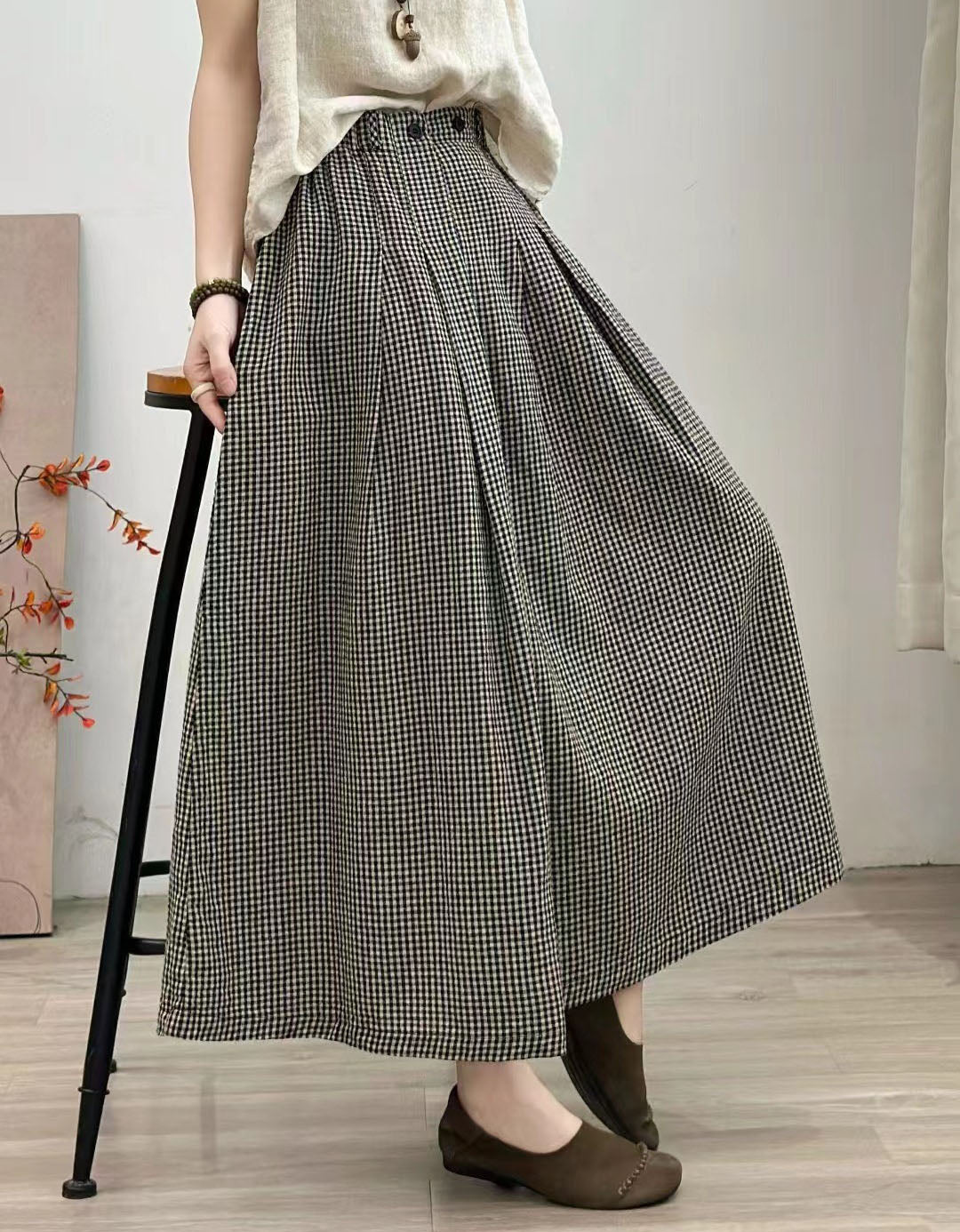 Plaid pleated midi skirt for casual wear women