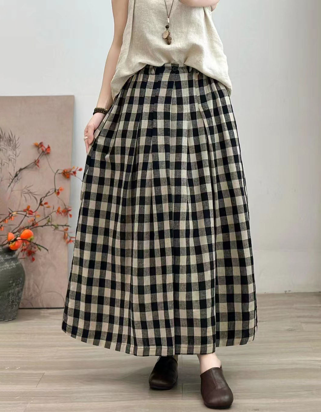 Comfortable high waist pleated skirt women vintage plaid style