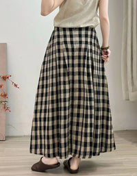 Back View of Vintage Plaid Pleated Skirt Loose Fit Women Casual Midi Skirt