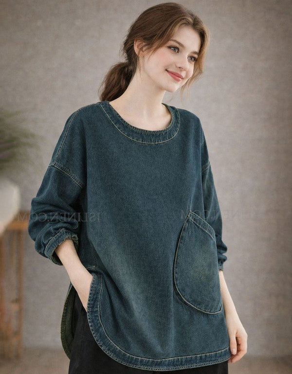 Side view of women’s casual denim top showing relaxed fit and unique pocket design