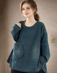 Women’s relaxed fit denim top with long sleeves and oversized pockets