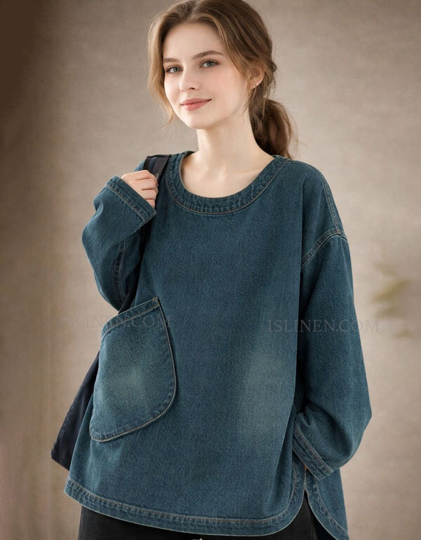 Women’s relaxed fit denim top with long sleeves and oversized pockets