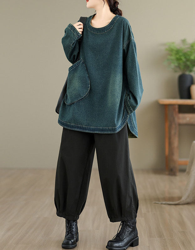 Full-length view of women’s denim top worn casually for daily wear