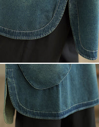 Close-up of soft denim fabric texture on women’s casual long sleeve top
