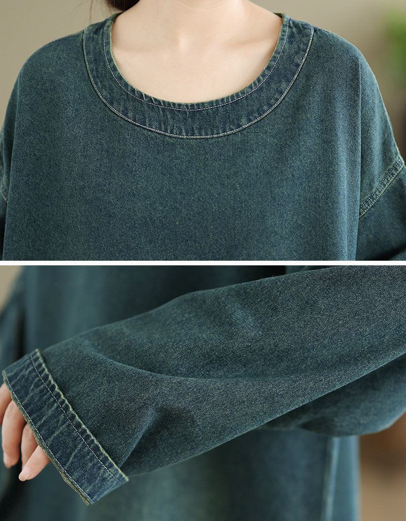 Close-up of the neckline on women’s relaxed fit denim top, casual style
