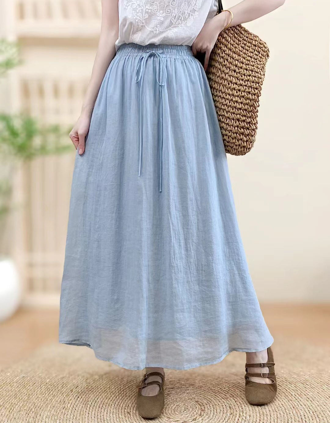 Women Loose Fit Green Linen Long Skirt Summer