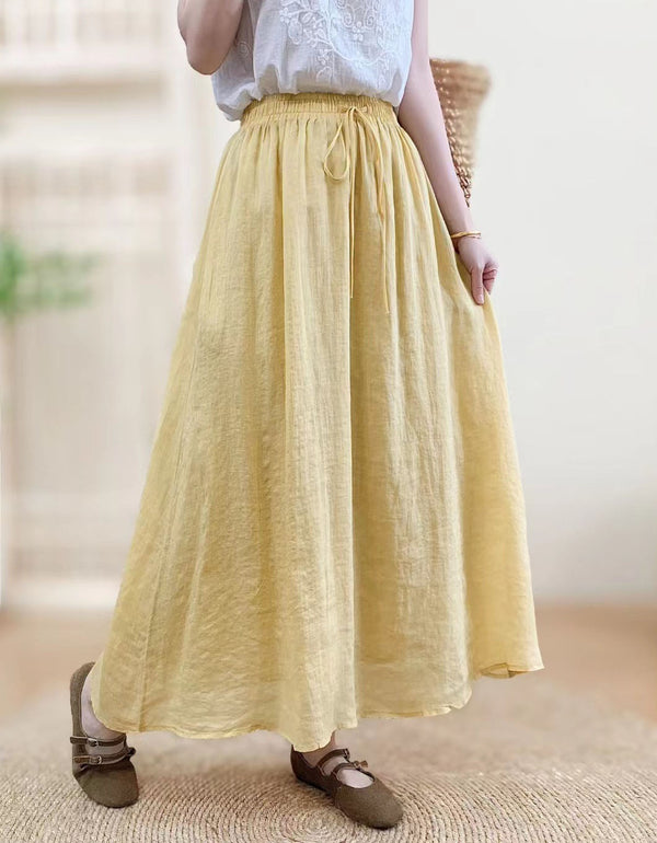 Casual Green Cotton Linen Maxi Skirt Tie Waist