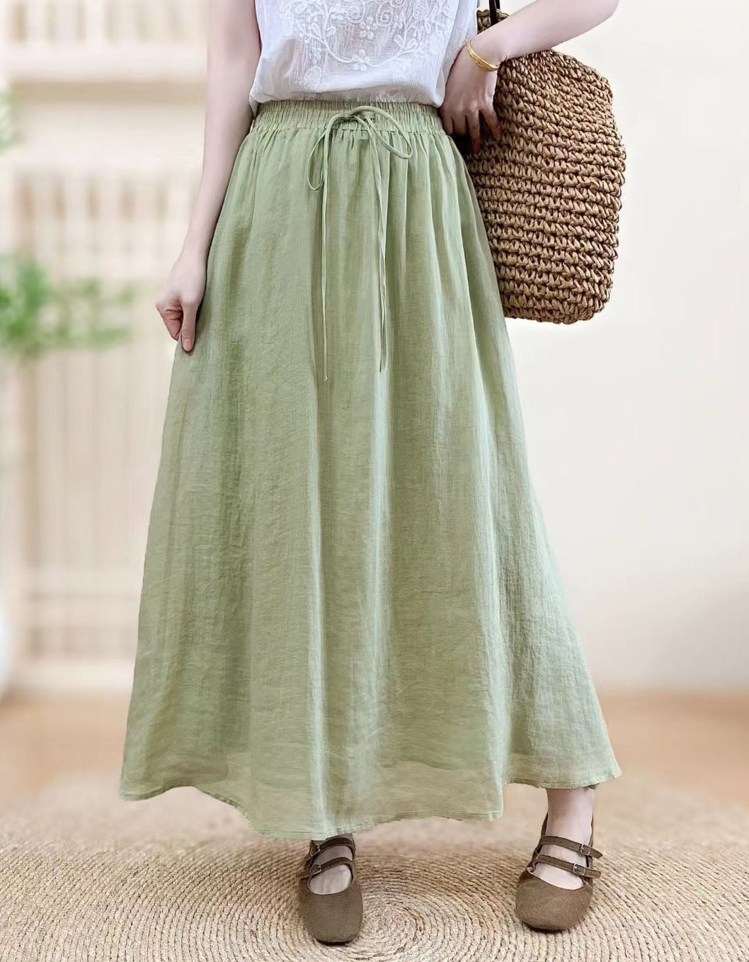 Women Green Linen Maxi Skirt Elastic Waist Summer