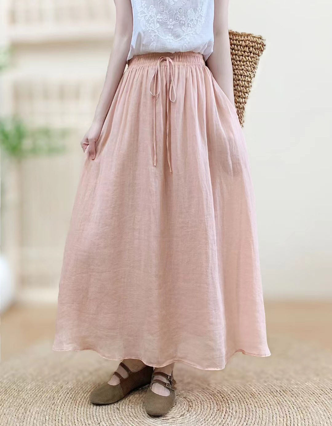 Summer Green Linen Skirt Women Flowy Maxi Style