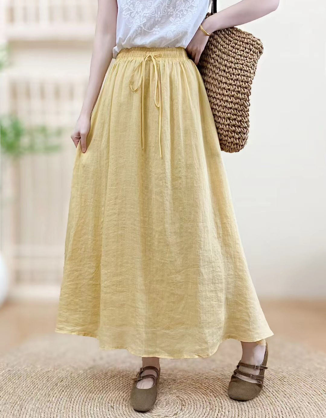 Yellow linen maxi skirt women elastic waist summer