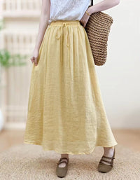 Yellow linen maxi skirt women elastic waist summer