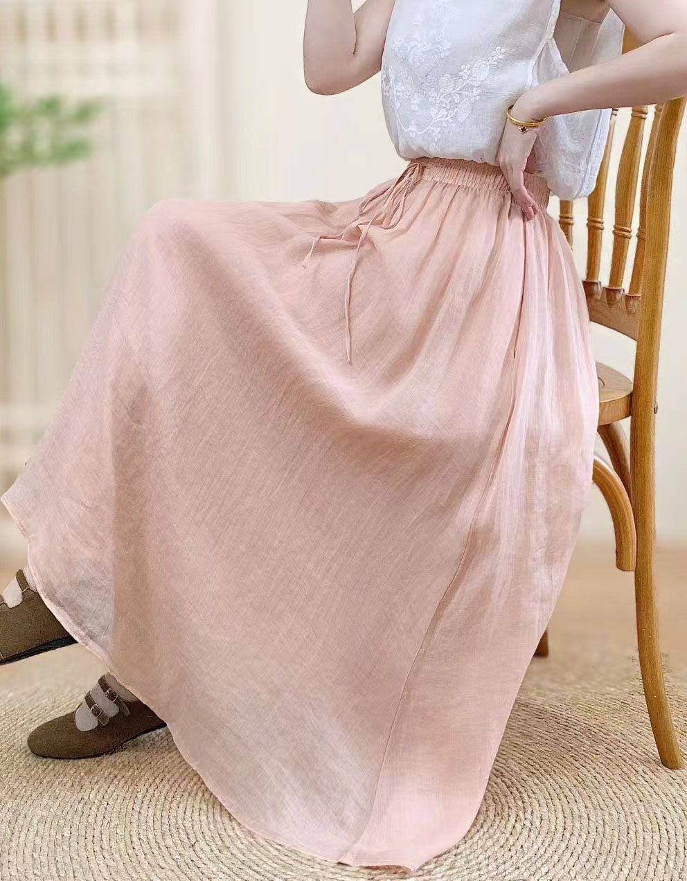 flowy long pink cotton linen skirt casual outfit